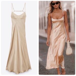 Zara Satin Effect Cut Out Maxi Dress Champange XL